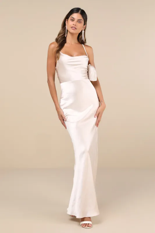 Inspire Romance Champagne Satin Cowl Neck Lace-Up Maxi Dress sold by Lulus