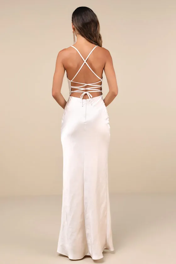 Inspire Romance Champagne Satin Cowl Neck Lace-Up Maxi Dress sold by Lulus product image thumbnail 2