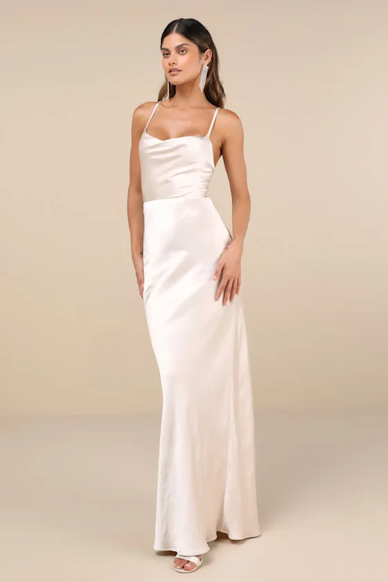 Inspire Romance Champagne Satin Cowl Neck Lace-Up Maxi Dress sold by Lulus product image thumbnail 4