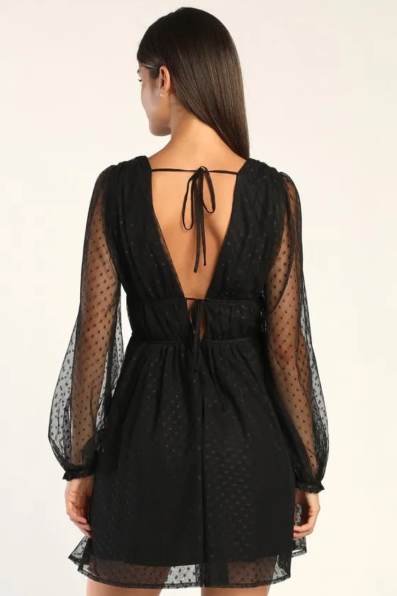 Sweet Twist Black Swiss Dot Tulle Long Sleeve Mini Dress sold by Lulus product image thumbnail 3