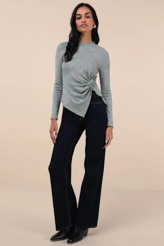Trendy Minimalist Heathered Olive Ribbed Knotted Top sold by Lulus
