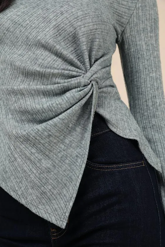 Trendy Minimalist Heathered Olive Ribbed Knotted Top sold by Lulus product image thumbnail 3