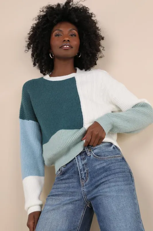 Adorable Expression Teal Multi Color Block Cable Knit Sweater sold by Lulus