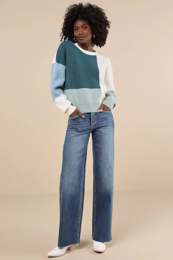 Adorable Expression Teal Multi Color Block Cable Knit Sweater sold by Lulus product image thumbnail 2