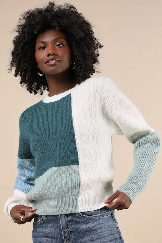 Adorable Expression Teal Multi Color Block Cable Knit Sweater sold by Lulus product image thumbnail 4