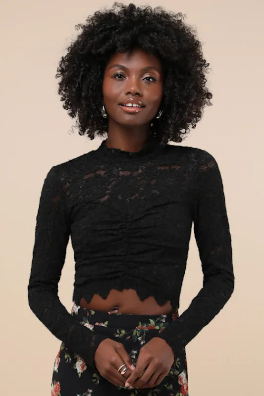 Exquisite Essential Black Fuzzy Lace Ruched Long Sleeve Top sold by Lulus