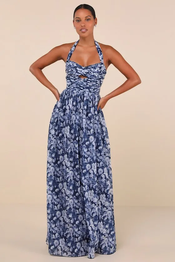 Illustrious Aura Navy Blue Floral Pleated Halter Maxi Dress sold by Lulus