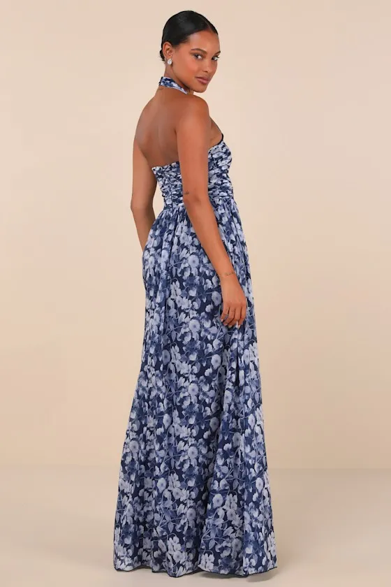 Illustrious Aura Navy Blue Floral Pleated Halter Maxi Dress sold by Lulus product image thumbnail 2