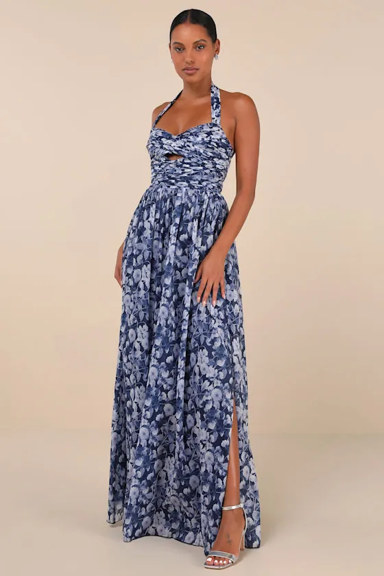 Illustrious Aura Navy Blue Floral Pleated Halter Maxi Dress sold by Lulus product image thumbnail 3