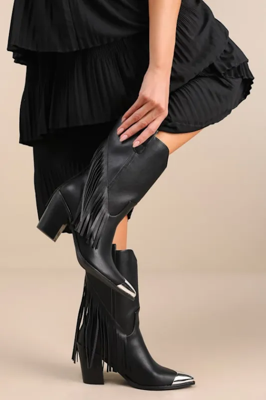 Toleson Black Fringe Pointed-Toe Mid-Calf Western Boots sold by Lulus