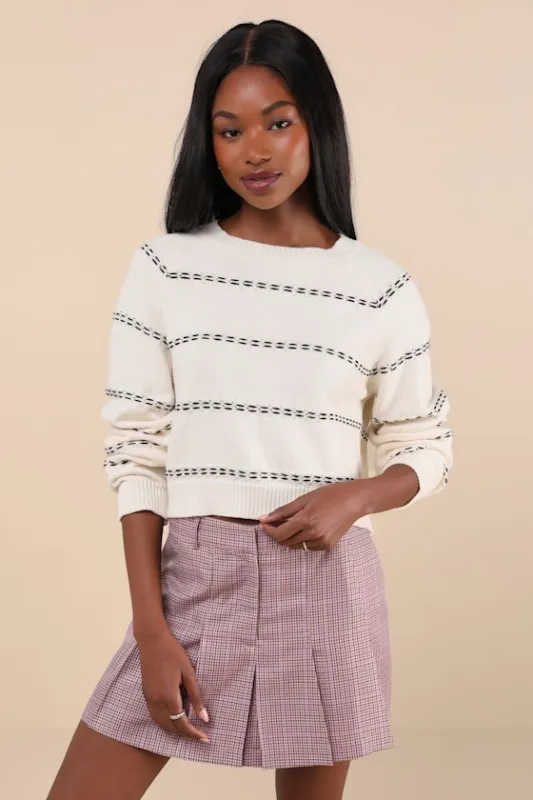 Pleasant Perception Ivory Stitched Long Sleeve Sweater sold by Lulus