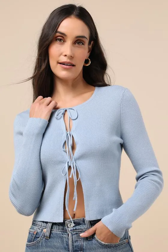 Cuddly Attitude Dusty Blue Tie-Front Cardigan Sweater sold by Lulus
