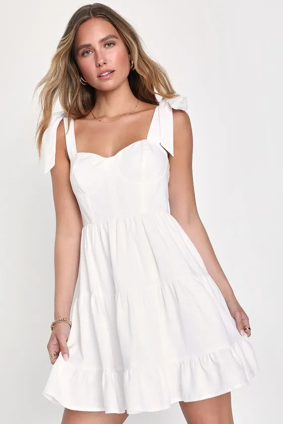 Tier-ly Delightful White Tie-Strap Tiered Bustier Mini Dress sold by Lulus