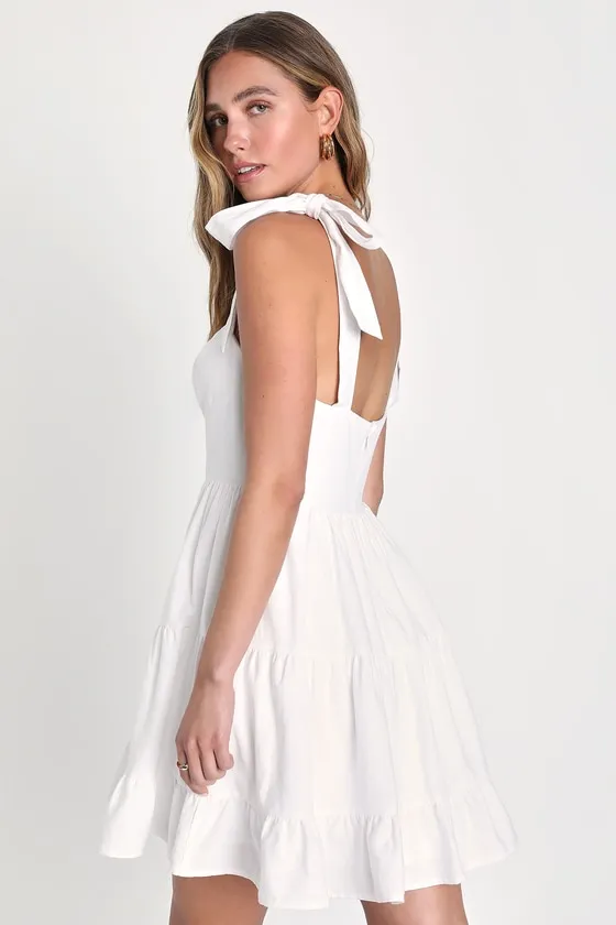 Tier-ly Delightful White Tie-Strap Tiered Bustier Mini Dress sold by Lulus product image thumbnail 2