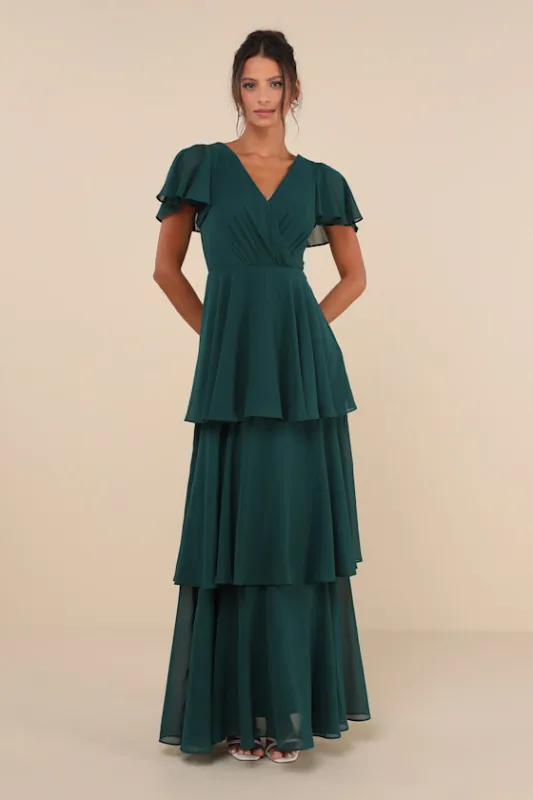Sincerely Exquisite Emerald Green Short Sleeve Tiered Maxi Dress sold by Lulus
