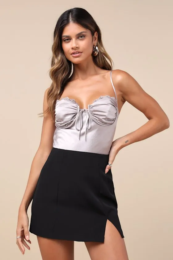 Stunning Choice Silver Satin Tie-Front Lace Cami Bodysuit sold by Lulus