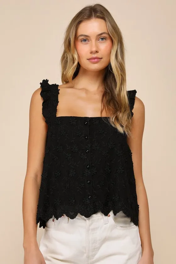 Cutest Weekend Black 3D Floral Embroidered Tie-Back Tank Top sold by Lulus