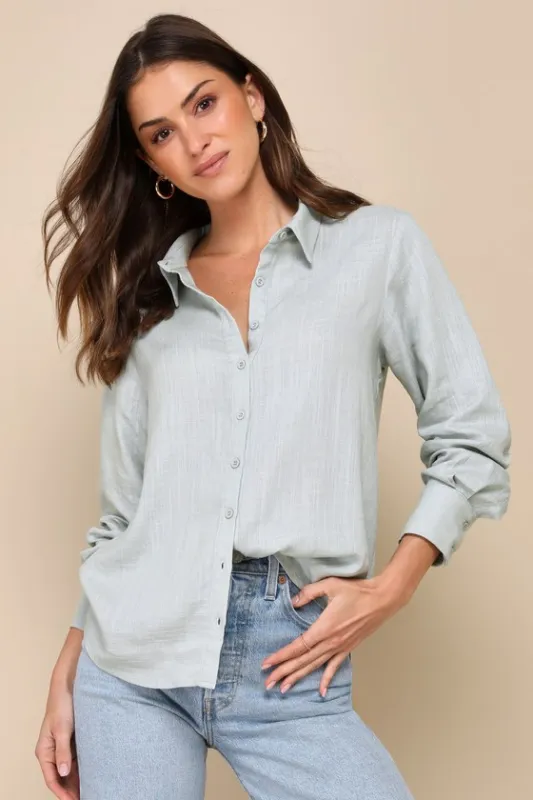 Breezy Energy Light Sage Green Linen Long Sleeve Button-Up Top sold by Lulus