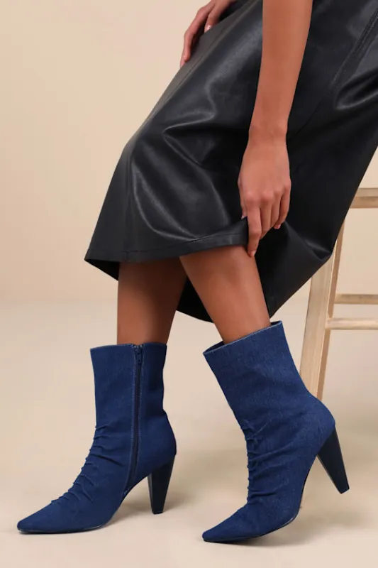 Klint Denim Ruched Pointed-Toe Ankle Boots made by Lulus