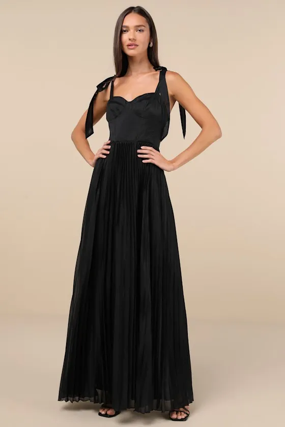 Attentive Elegance Black Tie-Strap Bustier Pleated Maxi Dress sold by Lulus