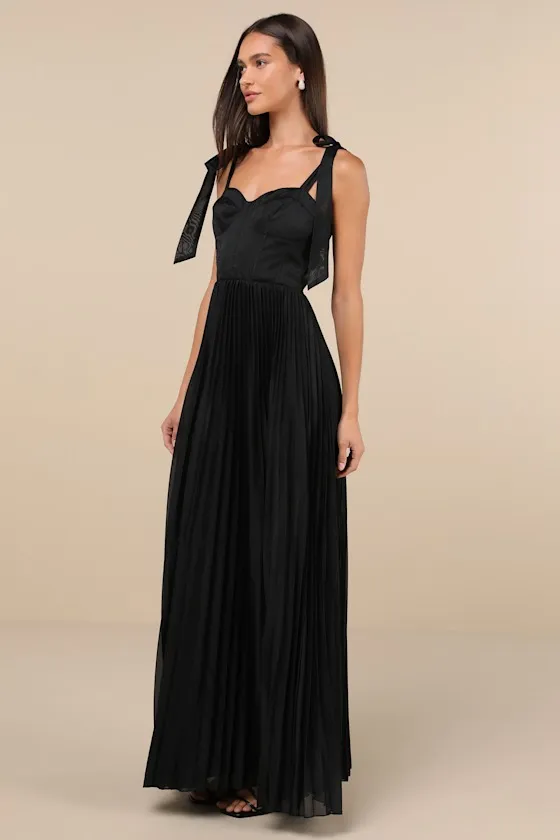 Attentive Elegance Black Tie-Strap Bustier Pleated Maxi Dress sold by Lulus product image thumbnail 2