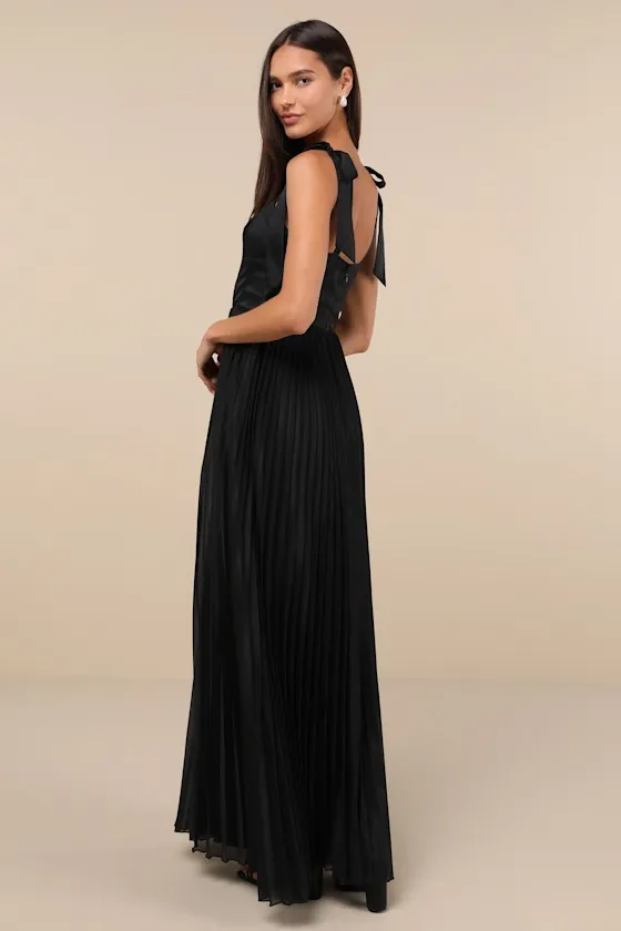 Attentive Elegance Black Tie-Strap Bustier Pleated Maxi Dress sold by Lulus product image thumbnail 3