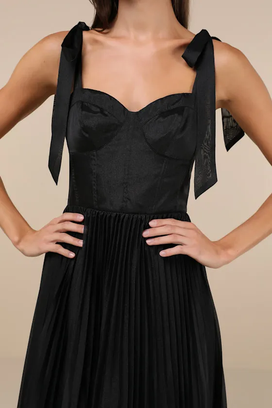 Attentive Elegance Black Tie-Strap Bustier Pleated Maxi Dress sold by Lulus product image thumbnail 4