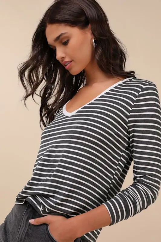 Daily 'Fit Charcoal and Ivory Striped Long Sleeve Top sold by Lulus