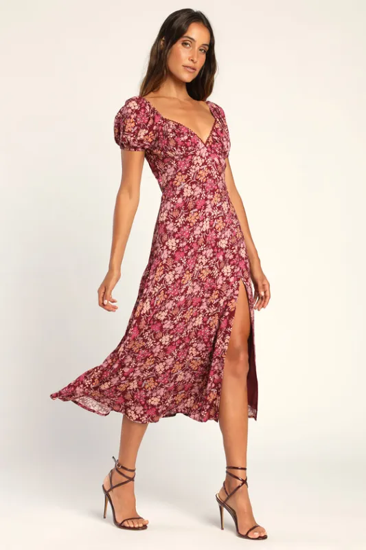 Meadow Muse Burgundy Floral Tie-Back Puff Sleeve Midi Dress sold by Lulus