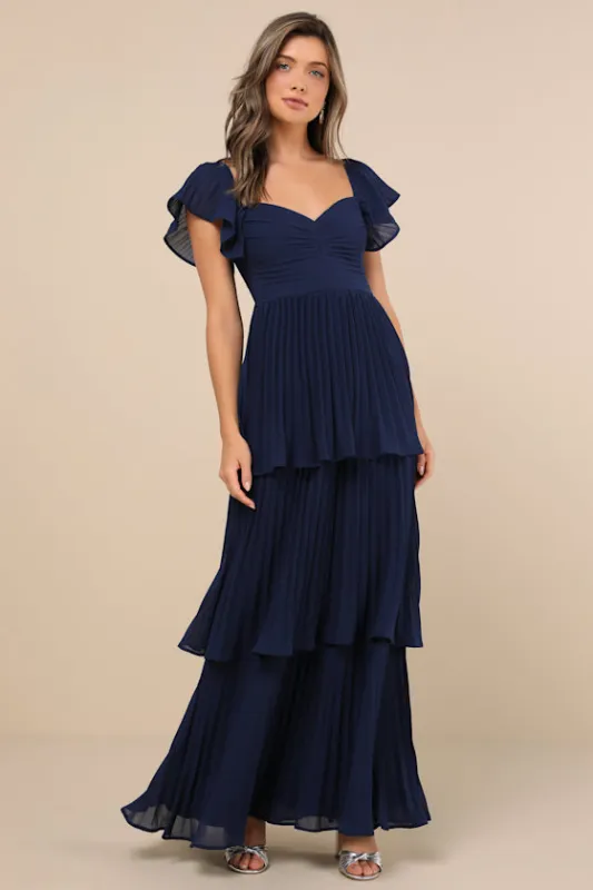 Notorious Charm Navy Blue Pleated Flutter Sleeve Maxi Dress sold by Lulus
