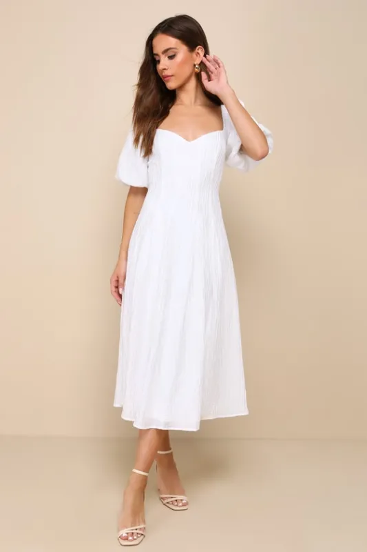 Heavenly Energy White Textured Puff Sleeve Pleated Midi Dress sold by Lulus