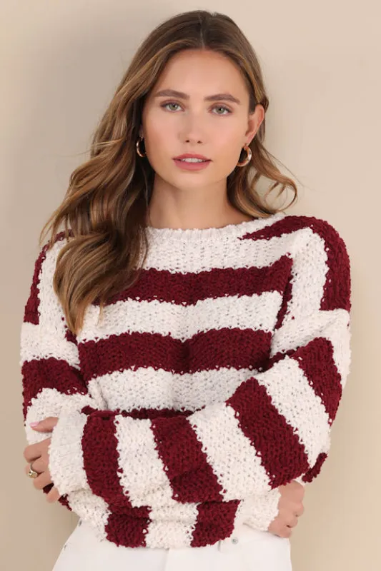 Easy Charisma Ivory and Red Striped Boucle Cropped Sweater sold by Lulus