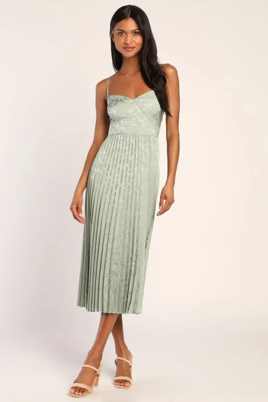 Regal Romance Sage Floral Jacquard Pleated Satin Midi Dress sold by Lulus