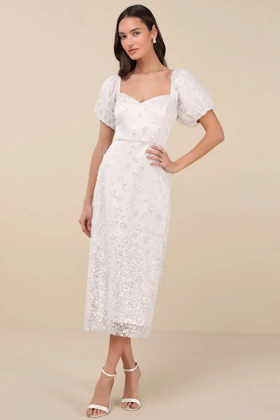 Glorious Poise Ivory Sequin Pearl Puff Sleeve Midi Dress sold by Lulus