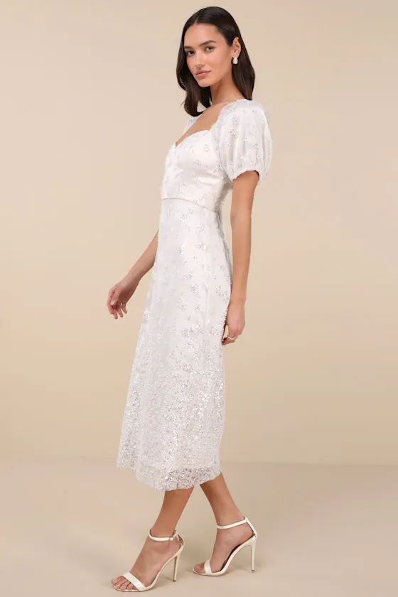 Glorious Poise Ivory Sequin Pearl Puff Sleeve Midi Dress sold by Lulus product image thumbnail 3