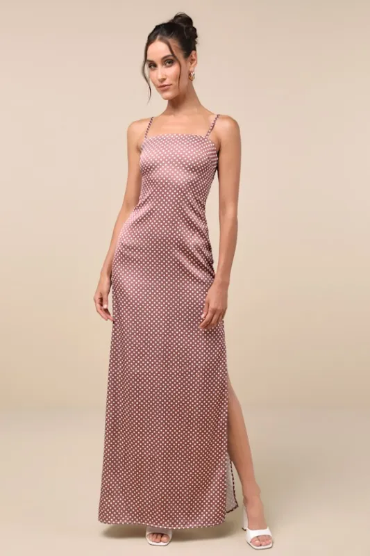 Prettiest Charm Brown Polka Dot Satin Lace-Up Maxi Dress sold by Lulus