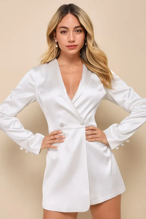 Regal Aura White Satin Long Sleeve Blazer Romper sold by Lulus product image thumbnail 2