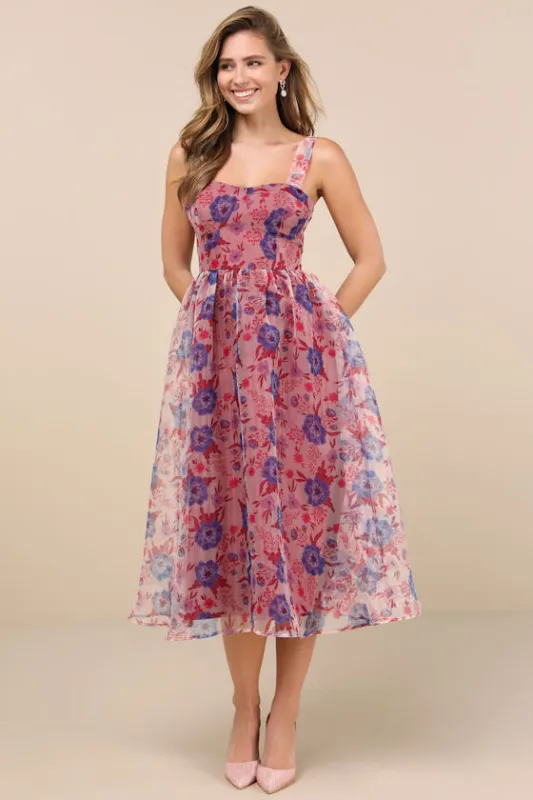 Delightful Look Magenta Floral Print Bustier Midi Skater Dress sold by Lulus