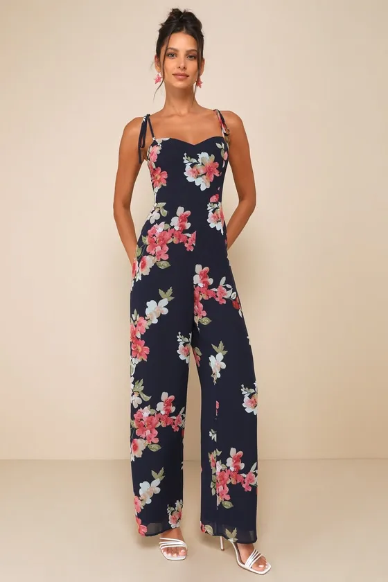 Stylish Certainty Navy Blue Floral Tie-Strap Wide-Leg Jumpsuit sold by Lulus