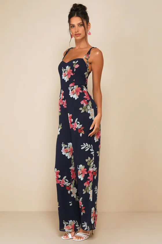Stylish Certainty Navy Blue Floral Tie-Strap Wide-Leg Jumpsuit sold by Lulus product image thumbnail 3