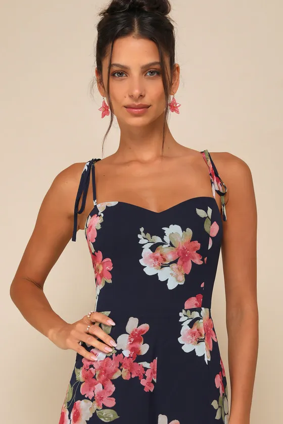 Stylish Certainty Navy Blue Floral Tie-Strap Wide-Leg Jumpsuit sold by Lulus product image thumbnail 4