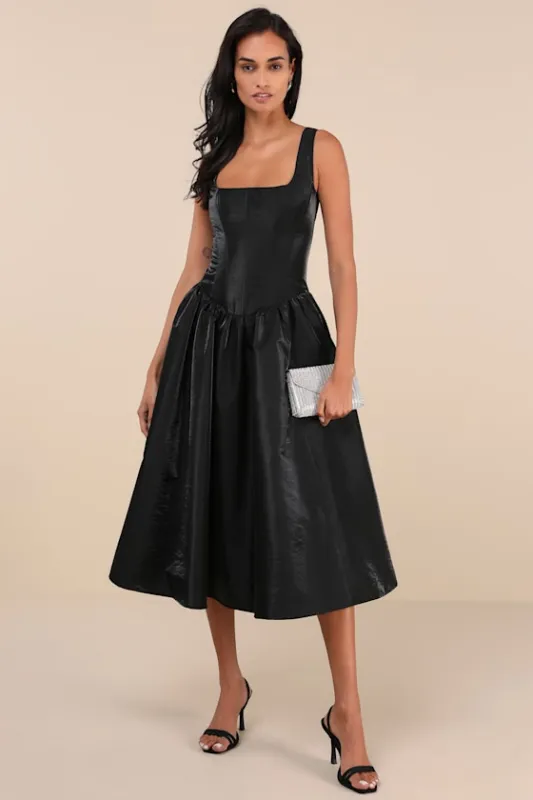 Sensationally Impressive Black Shiny Taffeta Lace-Up Midi Dress sold by Lulus