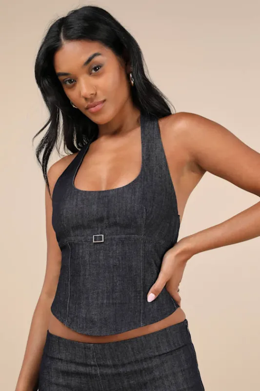 Nasya Dark Blue Chambray Cropped Halter Top made by Lulus