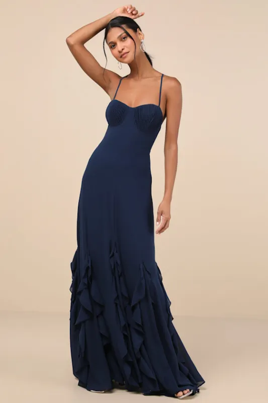 Priela Dark Navy Ruffled Lace-Up Maxi Dress sold by Lulus