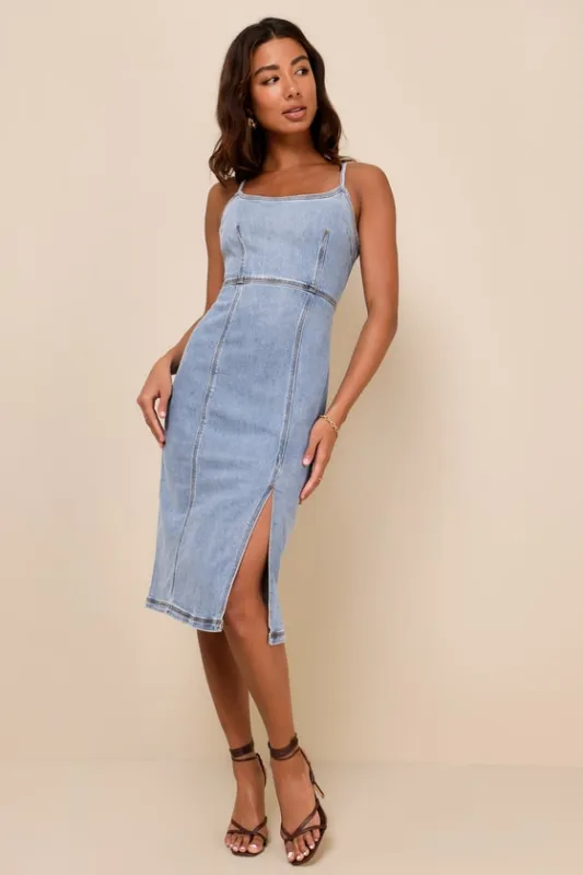 Gisele Light Wash Denim Sleeveless Midi Dress sold by Lulus