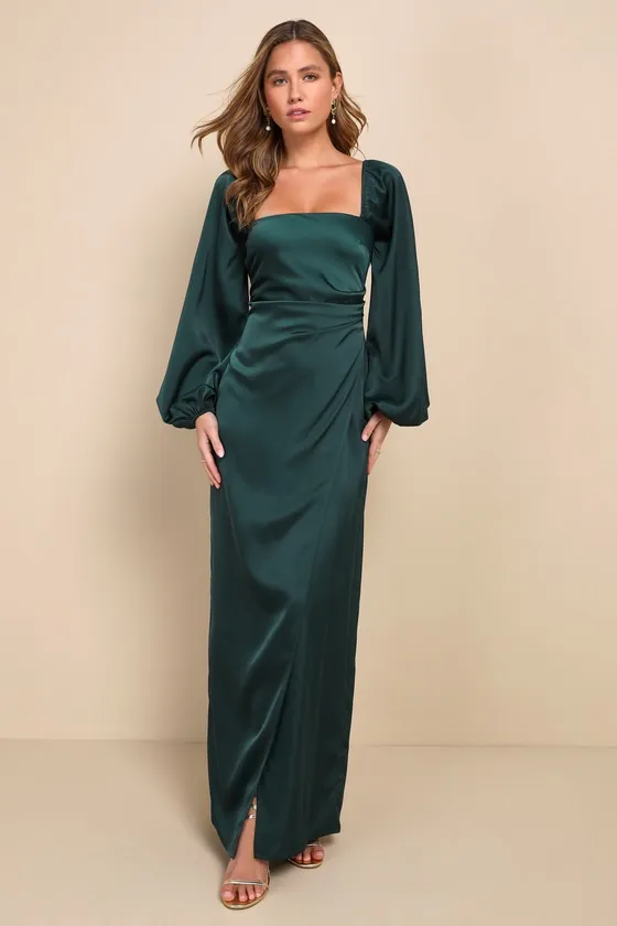 Eternal Heart Emerald Green Satin Long Sleeve Maxi Dress sold by Lulus