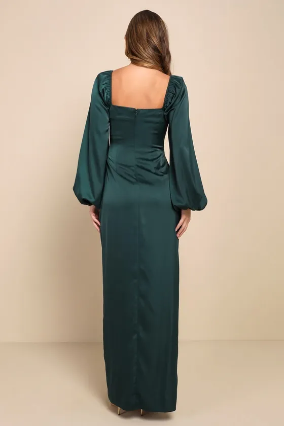 Eternal Heart Emerald Green Satin Long Sleeve Maxi Dress sold by Lulus product image thumbnail 3