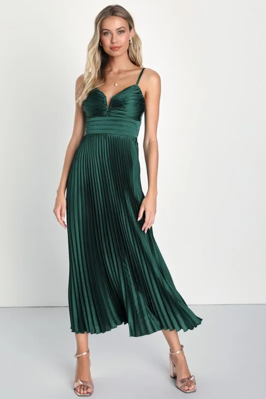 Fabulous Perfection Emerald Green Satin Pleated Midi Dress sold by Lulus
