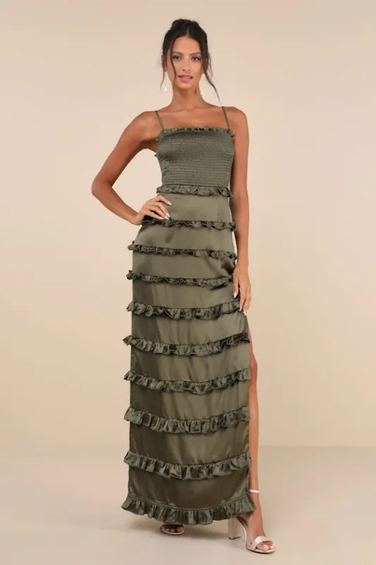 Sincerely Fabulous Olive Green Satin Smocked Ruffled Maxi Dress sold by Lulus