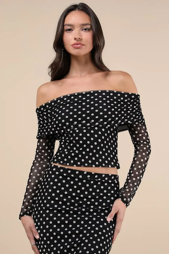 Notoriously Cute Black Polka Dot Mesh Off-the-Shoulder Top sold by Lulus
